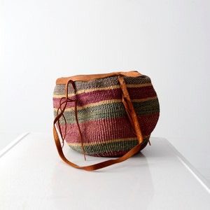 vintage sisal tote, jute and leather summer bag, beach bag, basket shoulder bag