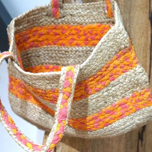 Recycled Fabric and Jute Bag Multicolored Handwoven Braided Chindi Fair Trade Shopper Beach Bag Boho Shopping Bag
