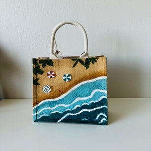 Hand-Painted Beach Scene Jute Tote Bag - Eco-Friendly Summer Beach Bag Custom Personalized Burlap Bag