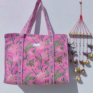 PINK Indian Floral Print Cotton Quilted Tote Bags, Beautiful Weekender Bags,Handmade Eco Friendly Travel Tote Bag ,Grocery Shoulder Handbag