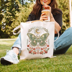 Celestial Tote Bag, Mystic Butterfly Tote Bag, Butterfly Tote Bag, Eco-Friendly Boho Astrology Tote Bag, Canvas Tote Bag, Grocery Tote Bag