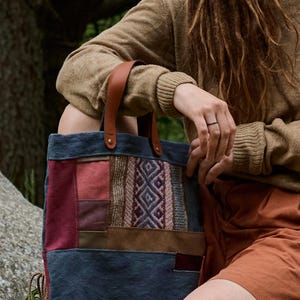 Upcycled Patchwork Tote Bag | Handwoven Details & Genuine Leather Handles