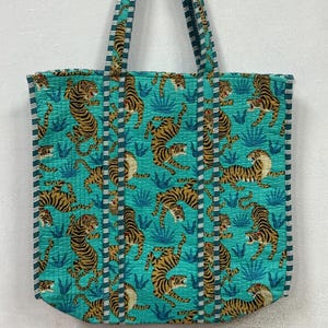 Majesty Artisan Crafted Tiger Hand Block Print Quilted Tote Bag A Luxurious Harmony of Wild Elegance and Timeless Style, Cotton Quilted Bag