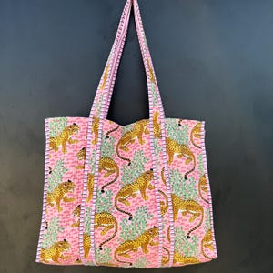 Tiger Print Cotton Tote Bag Eco Friendly Sustainable Sturdy Grocery Shopping Tote Bag Handmade Boho Bag Quilted Tote Bag Market Bag