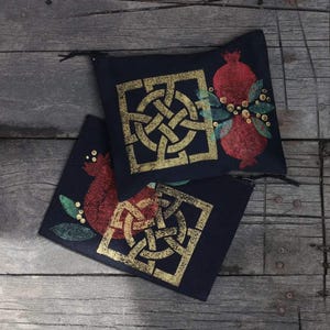 Armenian Traditional Style Paint Stamped  Cosmetic Bag | Pomegranate Handmade Toiletry Carrier Cotton Travel Pouch