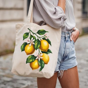 Citrus Garden Cotton Canvas Tote Bag | Eco-Friendly Shopping, Beach Bag, Lemon Tote, Grocery Tote, Farmer's Market Bag Front Back