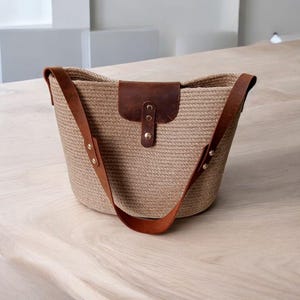 Handmade jute shoulder bag , genuine leather flap & strap, boho natural style purse, rustic handmade tote bag