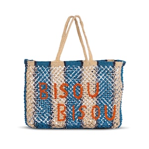 Bisou Bisou Woven Jute Tote – Handwoven Macrame Bag – Boho Market Tote – Sustainable Eco Friendly Beach Bag – Handmade in India