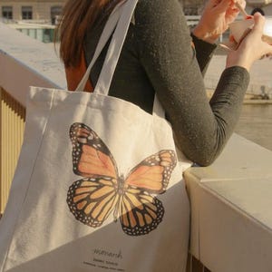 Monarch butterfly illustrated tote bag, thick tote bag with interior zipped pocket