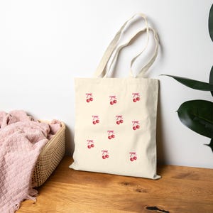 Cherry Print Cotton Canvas Tote Bag, Eco-Friendly Shopping Tote, Beach Bag, Grocery Bag, Gift for Her, Summer Accessory